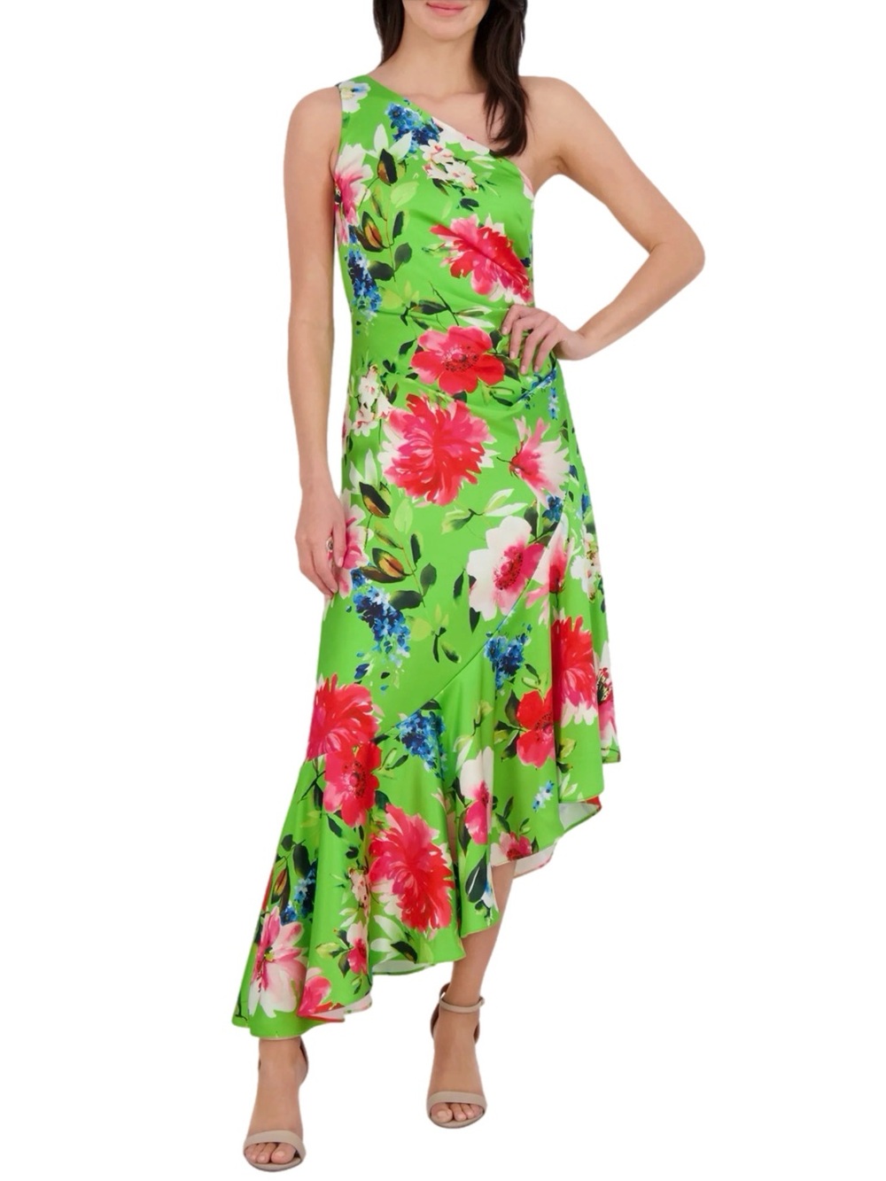 NWT Eliza J $198 MSRP One Shoulder Green Satin Floral Asymmetrical High Low Midi